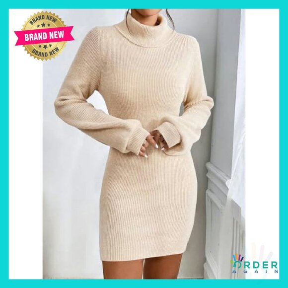 Turtleneck Sweater Dress Bodycon Pullover Mini Stretch Slim Fit Chic - Picture 3 of 8